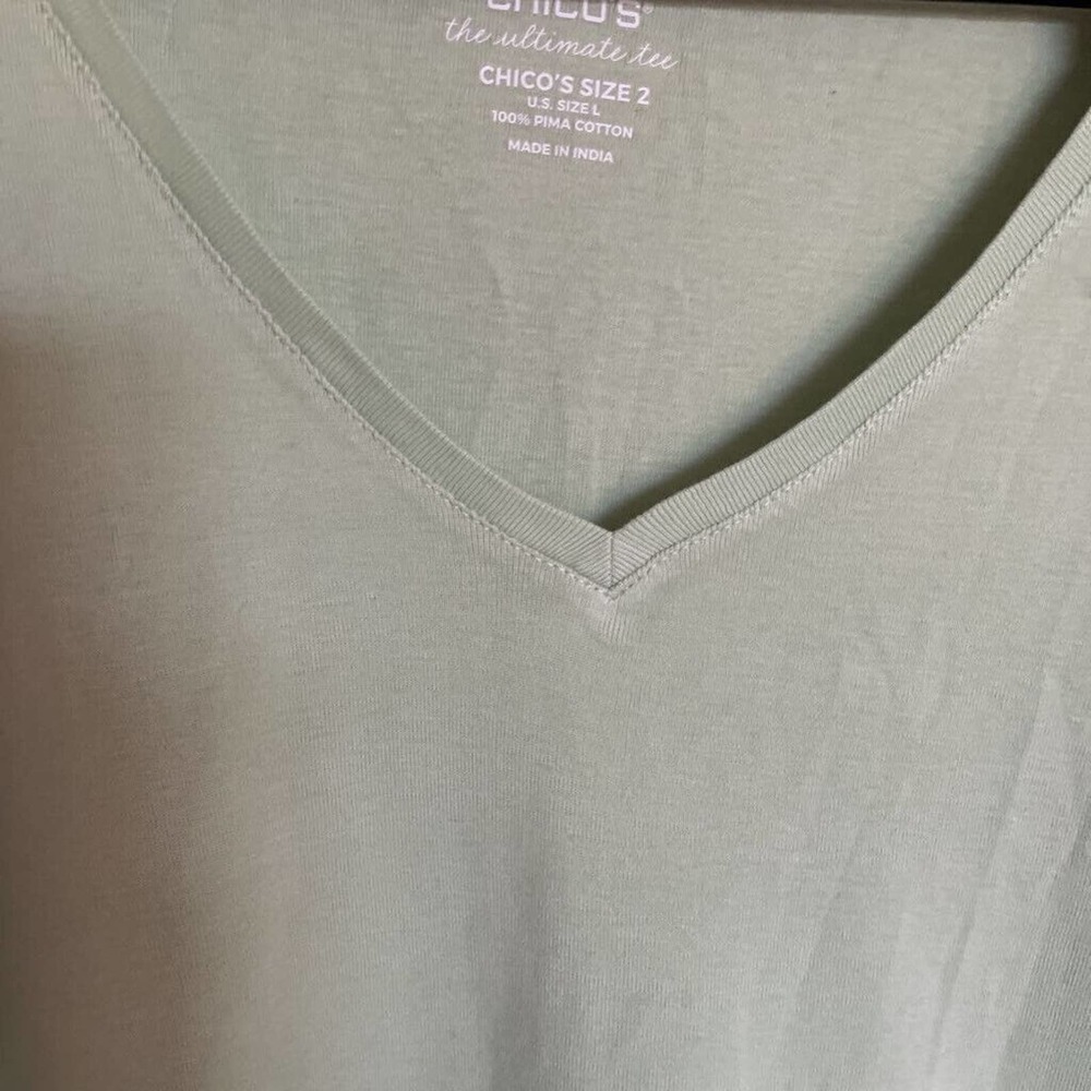 NWT Chicos Womens The Ultimate Tee T-Shirt Green 3/4 Sleeve V Neck Pima Cotton L